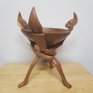 African Wood Carved Tripod and Bowl